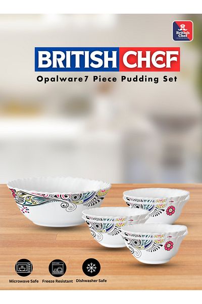 British Chef 7 Piece Opalware Blush Pudding Set | 1 Piece Serving & 6 Piece Veg Bowls Bc2010