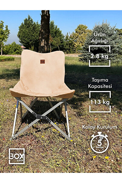 Box&Box Alüminyum Katlanabilir Kamp Sandalyesi, Piknik Sandalyesi, Taşıma Çantalı, Kumaş, Krem