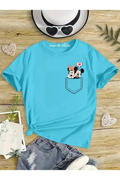 New Shine 1 tricou este un cadou pentru achiziții de 6 și peste în coș - Tricou pentru copii oversize cu imprimeu Mickey Minnie în buzunar
