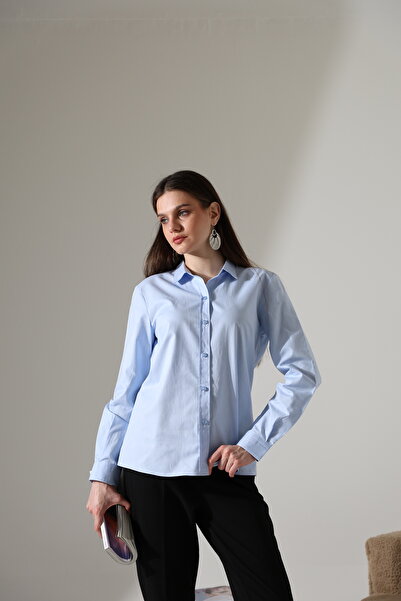 Corradeo Giyim Cămașă clasică pentru femei din țesătură de culoare albastră slim fit