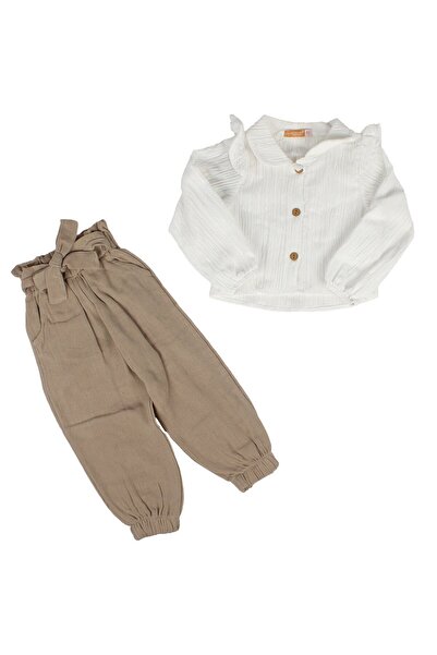 bebegen Kız Çocuk Beyaz Kahve Müslin Pantolonlu Yakalı 2'li Takım