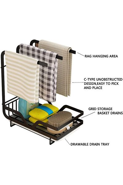 COOYA Sponge Holder with Drain Pan, Sink Kitchen Towel Rack, Dishcloth Holder for Kitchen Countertop