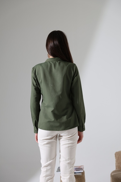 Corradeo Giyim Haki Renk Şamre Kumaş Slim Fit Klasik Kadın Gömlek