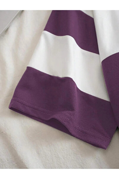 Jooy Μπλουζάκι Unisex Μωβ Λευκό Ριγέ με μισό φερμουάρ Polo λαιμόκοψη