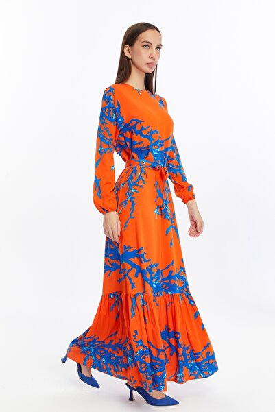 CNR TEKSTİL Dal Patterned Pleated Dress