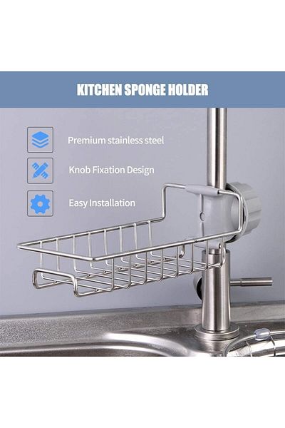 COOYA Sponge Holder, Brush Soap Organizer, Stainless Steel Drainer Shelf, Faucet Storage Rack for Kitchen