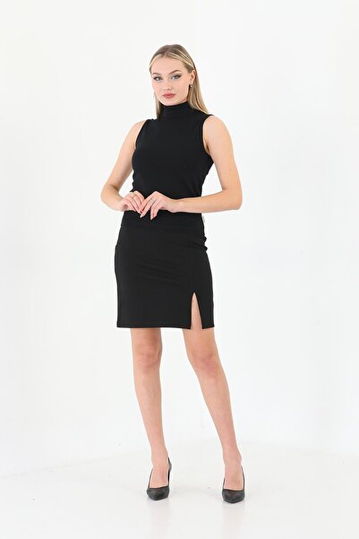 Edelle Siyah Kadın Balıkçı Yaka Bluz Slim Fit Pamuklu Sıfır Kol Ribana
