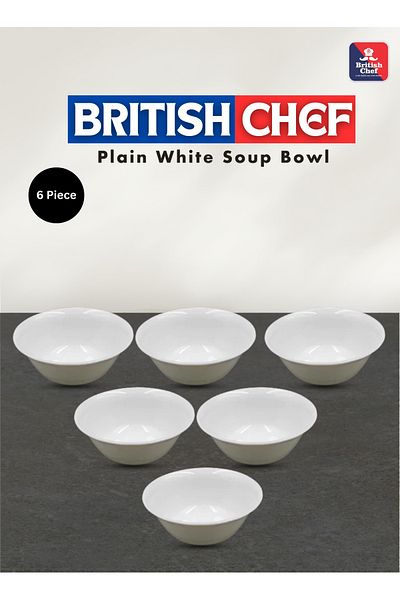 British Chef طقم أوعية حساء بيضاء سادة من ٦ قطع | آمنة للاستخدام في غسالة الأطباق والميكروويف | مقاومة للكسر والخدش (BC2019)