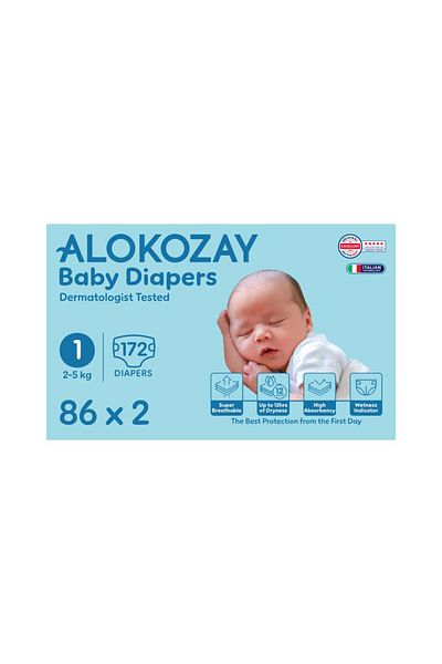 Alokozay Premium Baby Diapers - Size 1 (2-5 Kg) - 86 Diapers X Pack of 2