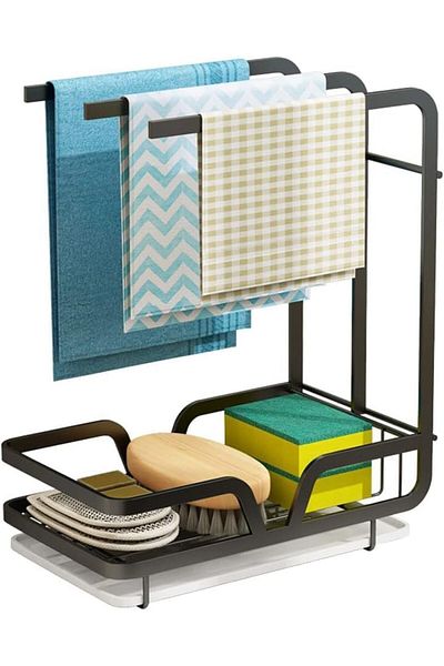 COOYA Sponge Holder with Drain Pan, Towel Rack, for Kitchen Countertop, Black