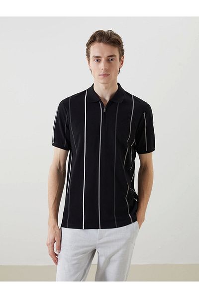 LC Waikiki Ανδρικό μπλουζάκι LCW Vision Μαύρο Polo με κοντό μανίκι ριγέ πικέ