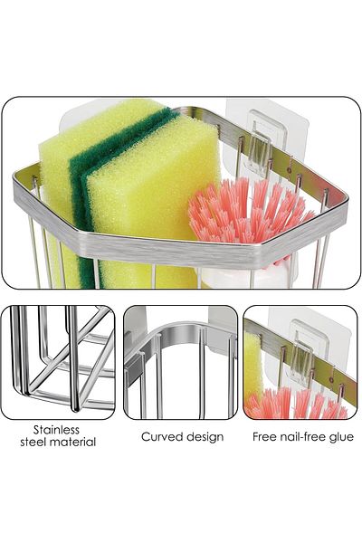 COOYA Sponge Holder for Kitchen Bathroom, Triangle Holder, Stainless Steel, with 2 Pcs Adhesive Hook
