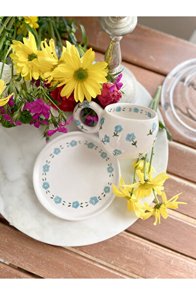 Mugtasarım Vintage Blue Floral Handmade Ceramic Double Turkish Coffee Cup