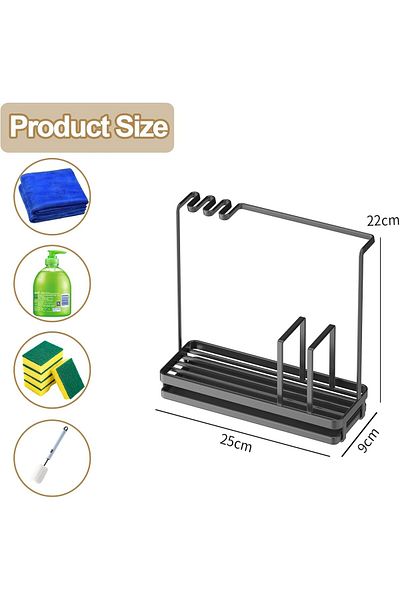 COOYA Kitchen Sponge Rack, 3 in 1 Stainless Steel Kitchen Sink Rag Rack, With Removable Drain Dish (Black)