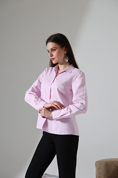 Corradeo Giyim Slim Fit Şamre Kumaş Klasik Pembe Kadın Gömlek