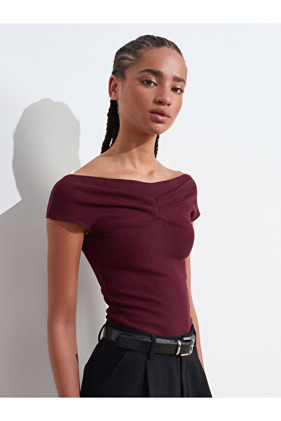 Dilvin 31718 Топ зі складками та відкритими плечима - Бордовий