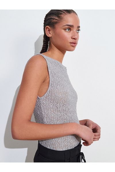 Dilvin 21016 Boat Neck Lace Top-Gray