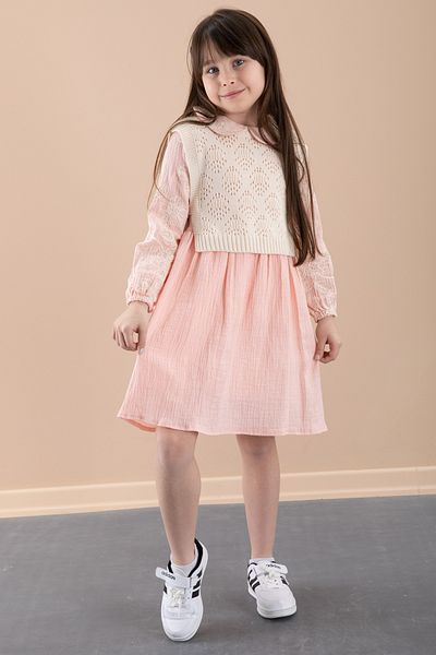 Cansın Mini Rochie de muselina pentru fete cu pulover brodat cu flori de somon 20480