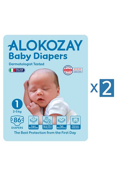 Alokozay Premium Baby Diapers - Size 1 (2-5 Kg) - 86 Diapers X Pack of 2