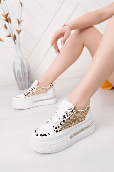 moda sara Pantofi sport de damă cu părți albe, sticlă aurie spartă, model leopard, bază cu detalii de piatră