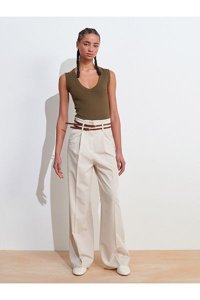 Dilvin 71617 Belted High Waist Pants-Stone