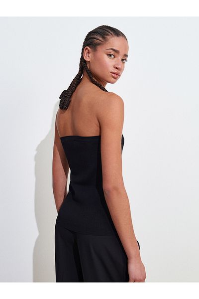 Dilvin 10739 Strapless Buttoned Knitwear Top-Black