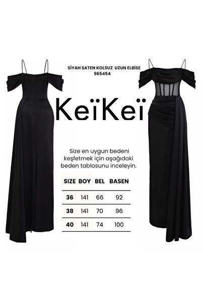 Keikei Siyah saten kolsuz uzun elbise