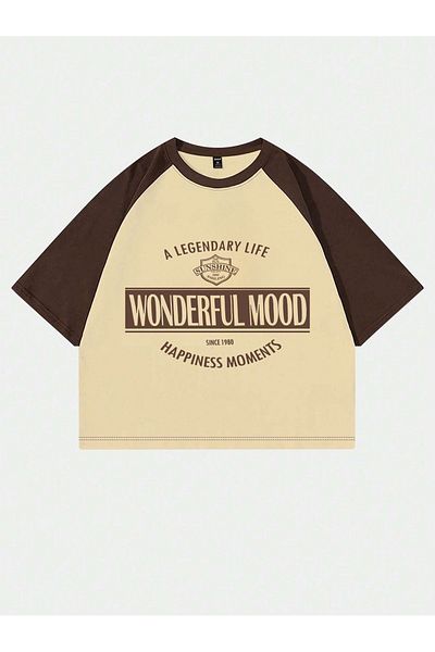 Know Beige Brown Printed Oversize Crop T-Shirt - Crew Neck T-Shirt