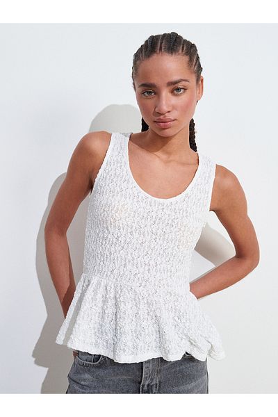 Dilvin 20984 Peplum Lace Top-Ecru