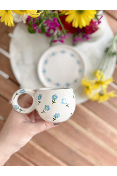 Mugtasarım Vintage Blue Floral Handmade Ceramic Double Turkish Coffee Cup