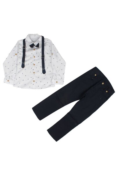 bebegen Boy's White Navy Little Fish Diver Printed Bow Tie Shirt Set of 2