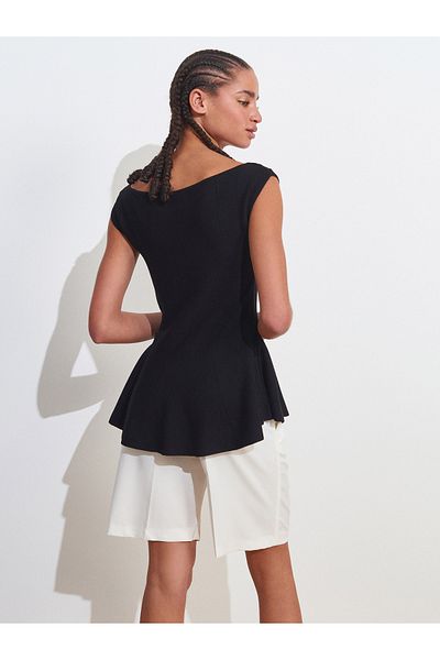 Dilvin 10741 Boat Neck Flounce Knitwear Blouse-Black
