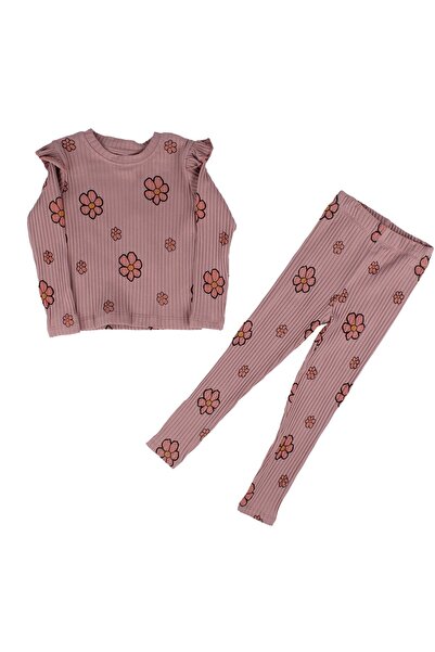bebegen Girl's Dusty Rose Frilly Corded Daisy Patterned 2-Piece Set