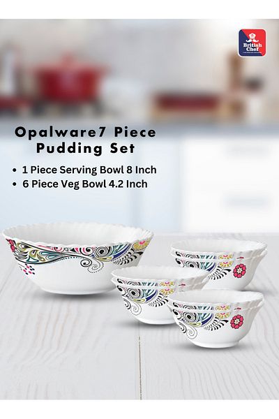 British Chef 7 Piece Opalware Blush Pudding Set | 1 Piece Serving & 6 Piece Veg Bowls Bc2010