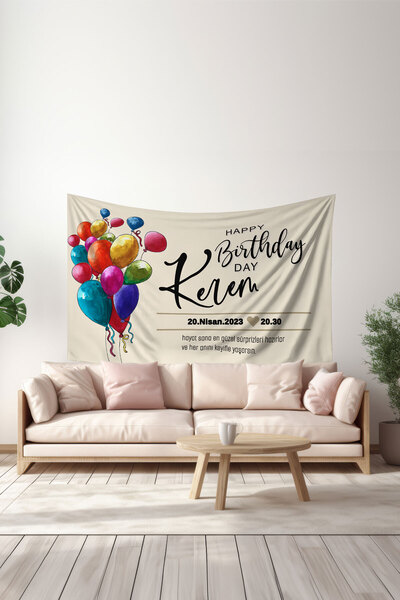 Moud's Kişiye Özel Doğum Günü Duvar Halısı, Happy Birthday Duvar Örtüsü, Doğu...