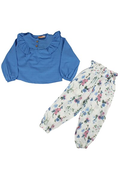 bebegen Girl's Blue and White Floral Pants Ruffled Muslin 2-Piece Set