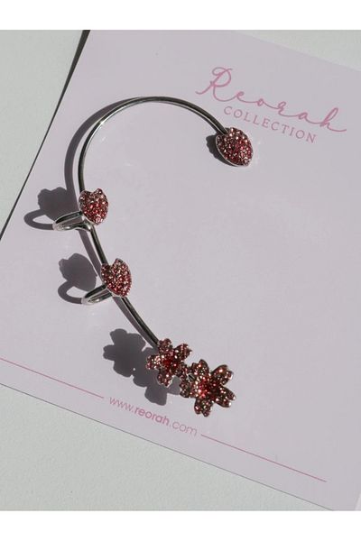 Reorah Collection Red Stone Heart and Flower Ear Cuff Earrings