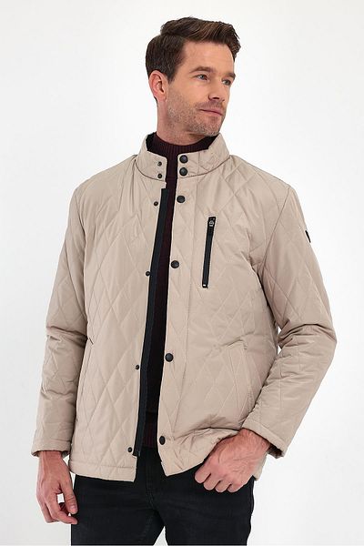 SİVAİST Men's Cream Standard Fit Normal Cut Fur Inside Stand Collar Snap Fastener Padded Patterned Overcoat
