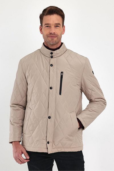 SİVAİST Men's Cream Standard Fit Normal Cut Fur Inside Stand Collar Snap Fastener Padded Patterned Overcoat
