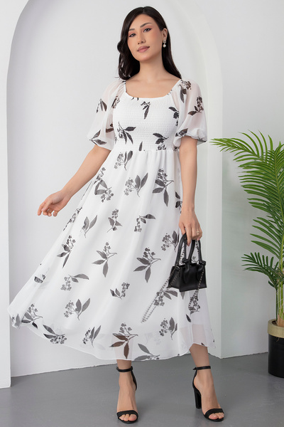 PULLIMM Kare Yaka Göğüs Gipeli Karpuz Kol Saten Elbise 2025-4119