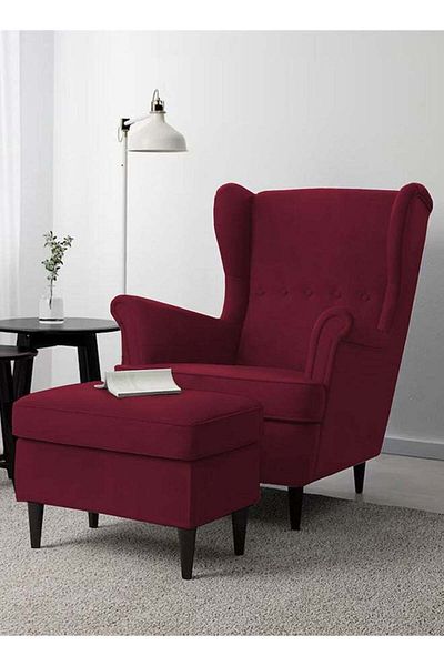 House One 2 Pieces | Chair king Velvet with Two Wings And FootStool - Burgundy