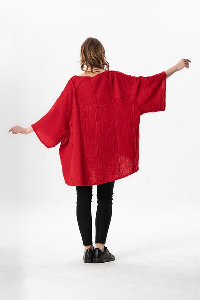 Eliş Şile Bezi Half Sleeve Nadya V-Neck Muslin Summer Blouse Red Krmz