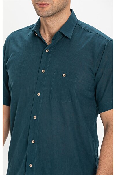 Eliş Şile Bezi Cămașă de vară pentru bărbați cu mânecă scurtă din pânză Sile, cu un singur buzunar, Dark Petrol 3069