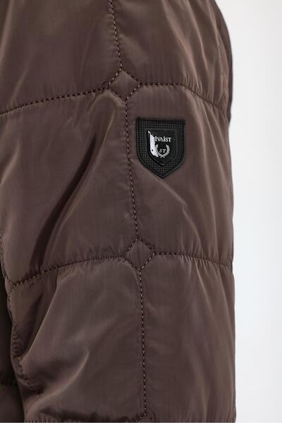 SİVAİST Men's Brown Standard Fit Regular Cut Fur Detachable Collar with Snap Detail Zipper Inside
