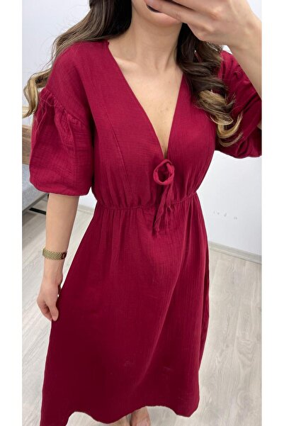 Nazline Γυναικείο γιακά με κορδόνι με λαιμόκοψη V με ελαστική μέση μανίκι στόμα ελαστικό μανίκι μπαλόνι μακρύ φόρεμα