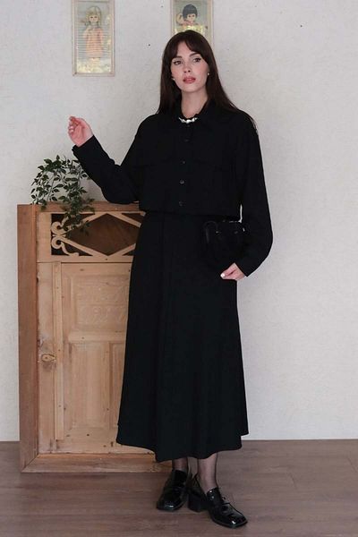 Ceylan Otantik Black Polyviscose Pocket Jacket Skirt Set