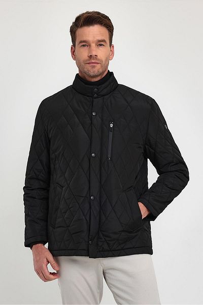 SİVAİST Men's Black Standard Fit Regular Cut Furry Stand Collar Snap Fastener Padded Patterned Overcoat
