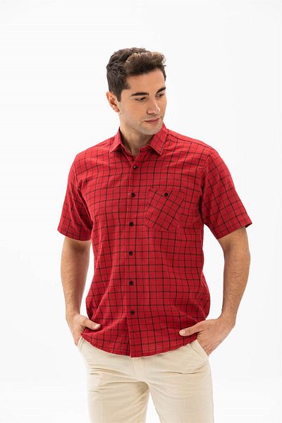 Eliş Şile Bezi Large Size Short Sleeve Shile Cloth Single Pocket Men's Summer Shirt Red Checkered 3056