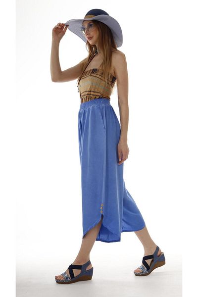 AYASOFYA OTANTIK Women's Blue Elastic Slit Buttoned Antique Trousers with Loose Legs