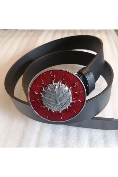 Butik Tülin Unisex Authentic Genuine Cowhide Leather Black Silver Red with Melting Glass Sun Cowboy Buckle Belt Thailand